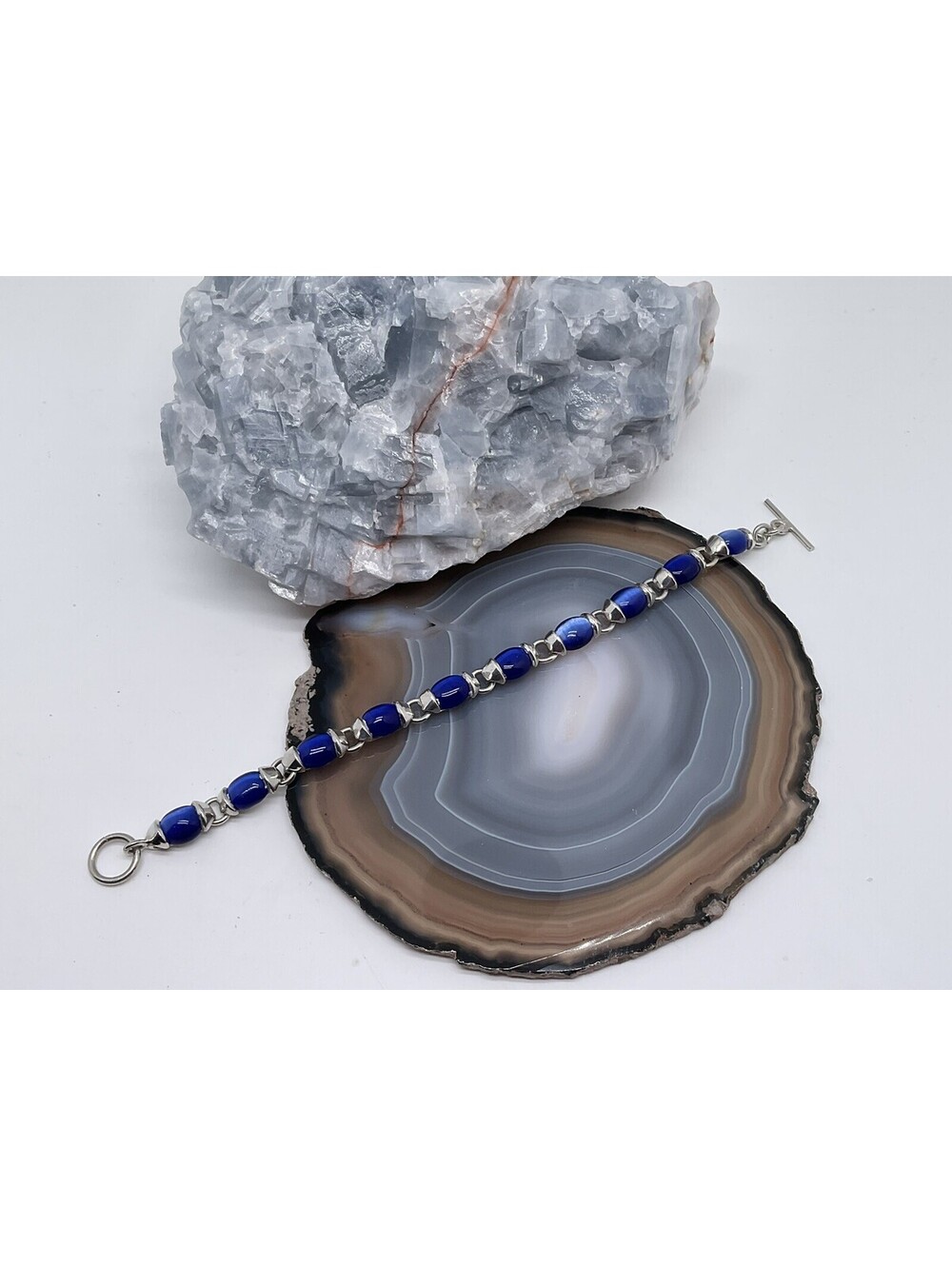 STERLING SILVER BLUE TIGER EYE STONE LINK BRACELET 925 MEXICO